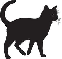 Happy Cat with Tail Up Silhouette A confident cat striding with its tail held high, full-length black silhouette illustration. vector