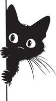 Cat Peeking Around a Corner Silhouette A cat's head and front paws emerging curiously from around a corner, full-length black silhouette illustration. vector