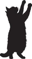 Cat Playing with Toy Silhouette A cat standing on its hind legs, extending one paw to bat at a toy, complete black silhouette design. vector