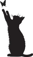Cat Pawing at Butterfly Silhouette A cat with its front paws raised, eager to catch a fluttering butterfly, complete black silhouette design. vector
