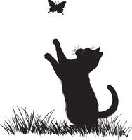 Cat Reaching for Butterfly Silhouette A cat extending both paws upward in an attempt to catch a butterfly, full-length black silhouette illustration. vector