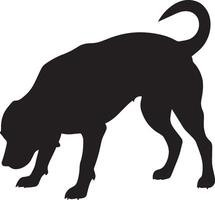 Dog Sniffing the Ground Silhouette A dog with its head lowered and tail raised, intently sniffing the ground, full-length black silhouette illustration. vector