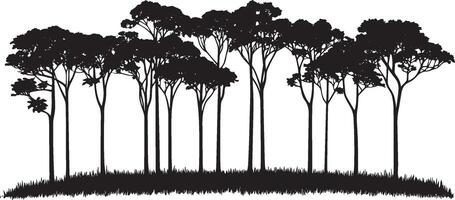 Rainforest Tree Line Silhouette A simple black illustration depicting a row of rainforest trees against a plain background. vector