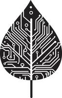Leaf-Shaped Circuit Board Logo A black illustration featuring a circuit board designed in the form of a leaf. vector