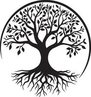 Rooted Tree Logo A black illustration depicting a tree with visible roots, symbolizing strength and stability. vector