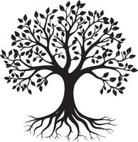 Nature-Inspired Rooted Tree Logo An elegant black illustration showcasing a tree with a detailed root system, emphasizing connection to the earth. vector