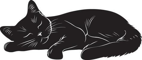 Resting Cat Silhouette A cat curled up peacefully, lying on its side, full-length black silhouette illustration. vector