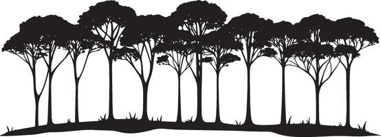 Rainforest Tree Canopy Silhouette A simple black illustration showcasing a line of tropical trees, reflecting the rich biodiversity of the rainforest. vector