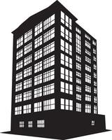 Urban Building Silhouette A black illustration showcasing the outline of a building in a simplified silhouette style. vector