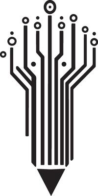 logo of a pencil pointing down with nodes from a circuit board sprouting upwards, simplistic black illustration