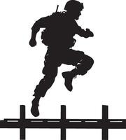 Obstacle Course A soldier navigating an obstacle course, jumping over hurdles or climbing walls. full length silhouette black illustration vector