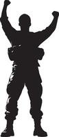 Victory Pose A soldier standing proudly, fist raised in triumph after completing a mission or objective. full length silhouette black illustration vector