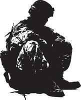 Hiding in Camouflage A soldier blending into their surroundings, crouching or lying still in a camouflaged position. full length silhouette black illustration vector