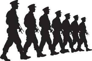 Formation Marching A group of soldiers marching in unison, in a tight formation with uniform steps. full length silhouette black illustration vector