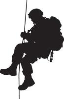 Tactical Rappelling A full-length black of a soldier descending using a rope. vector
