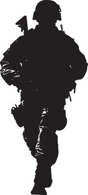 Advancing A soldier walking forward cautiously, scanning the surroundings with weapon raised and ready. full length silhouette black illustration