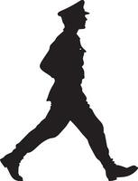 Marching A soldier marching in uniform, one leg raised high while the other is grounded, arms swinging at the sides. full length silhouette black illustration vector