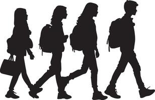 Going on a Field Trip A student walking with a group, schoolbag slung over their shoulder or worn on their back, heading to a bus or event. full length silhouette black illustration vector