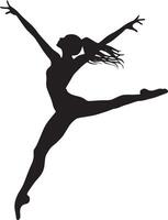A Ballet dancer jumping in place, legs extended straight, arms in a rounded position. full length silhouette black illustration vector