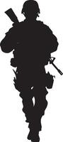 Cautious Approach A full-length black of a soldier advancing while scanning the area. vector