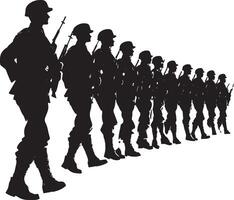Coordinated Formation A full-length black of a group of soldiers marching together. vector