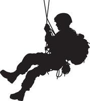 Rappelling A soldier descending from a building or structure using a rope, with both hands on the rope and feet pushing off the surface. full length silhouette black illustration vector