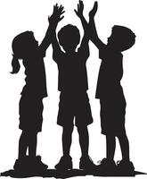 Teamwork A child lifting or handing something to another, collaborating with classmates. full length silhouette black illustration vector