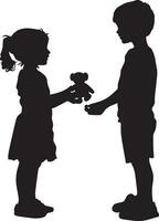 Sharing Moment A full-length black of a child offering a toy to a friend, showing kindness. vector