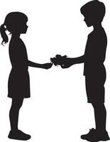 Kind Gesture A black silhouette of a child handing a toy to a friend with a smile. vector