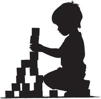 creative construction a black silhouette of a child stacking blocks to build something imaginative. vector