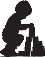 Building with Blocks A child stacking blocks or toys, constructing something imaginative. full length silhouette black illustration vector