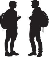 Socializing A student chatting with friends, holding their schoolbag casually or resting it next to them while they talk. full length silhouette black illustration vector