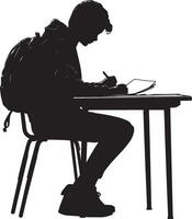Taking Notes A student writing in a notebook or on a piece of paper, with a schoolbag beside them on the desk. full length silhouette black illustration vector