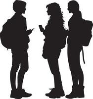 Casual Conversation A full-length black of a student talking with friends, schoolbag resting beside them. vector