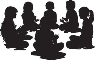 Group Discussion A group of children sitting in a circle, chatting or working on a group project. full length silhouette black illustration vector