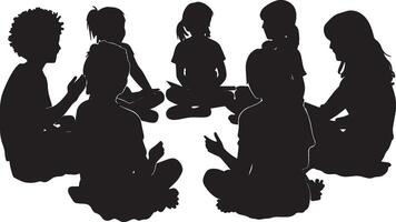 Group Activity A full-length black of children engaged in a discussion or project in a circle. vector