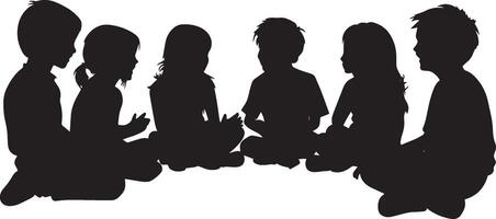 Collaborative Discussion A black silhouette of children sitting in a circle, working together on a project. vector