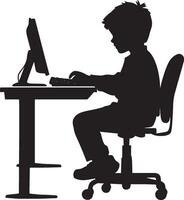 Tech Engagement A full-length black of a child interacting with a computer at a desk. vector
