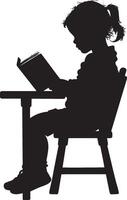 Reading A child sitting at a desk, holding a book open in front of them, focused on reading. full length silhouette black illustration vector