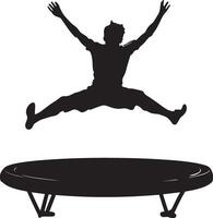 High-Flying Trick A silhouette of a person performing a twist in the air on a trampoline. vector