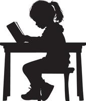 Focused Reading A black silhouette of a child sitting at a desk, engrossed in a book. vector