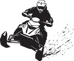 Snowmobile Racing A person speeding across snow-covered terrain on a snowmobile, body leaning forward. full length silhouette black illustration vector