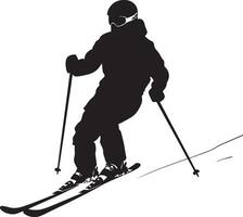 Skiing in Motion A full-length black of a person descending a slope, bent legs and poles in hand. vector