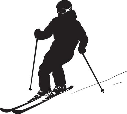 Skiing in Motion A full-length black of a person descending a slope, bent legs and poles in hand.