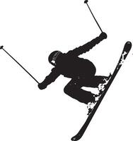 Freestyle Skiing A person performing tricks in the air, such as flips or spins, while skiing. full length silhouette black illustration vector