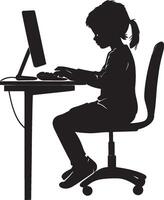 Digital Learning A black silhouette of a child typing at a desk, using a computer. vector