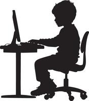 Using a Computer A child sitting at a desk, typing or interacting with a computer, engaged in digital learning. full length silhouette black illustration vector