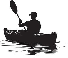 Kayak Maneuvering Individual using a paddle to steer the kayak. Full silhouette in black design. vector