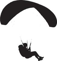 Paragliding Thrill A black illustration of a person flying through the sky, suspended by a parachute wing. vector