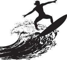 Surfing A person riding a large wave on a surfboard, balancing with arms outstretched. full length silhouette black illustration vector